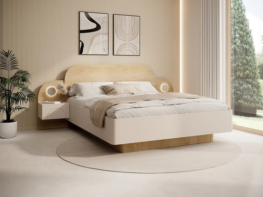 Lit Coffre Japandi Chevets Leds Beige - Dartagno