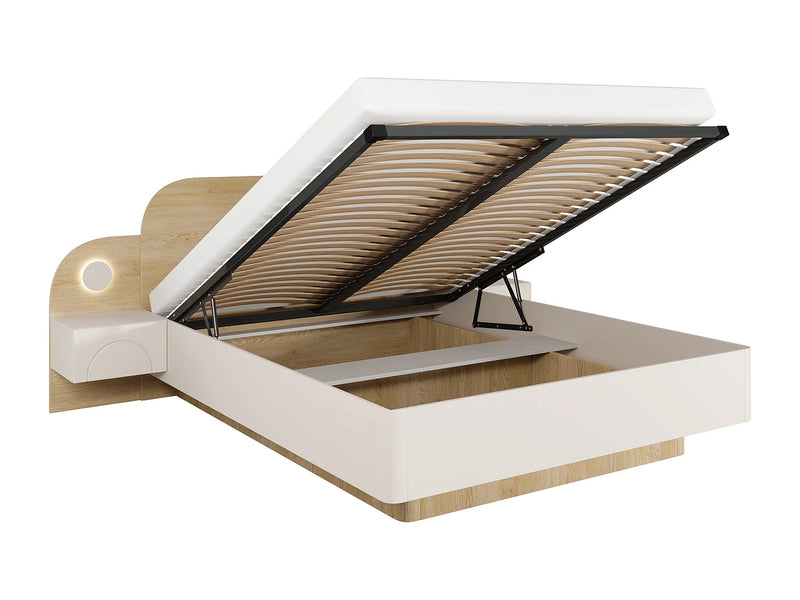 Lit Coffre Japandi Chevets Leds Beige - Dartagno