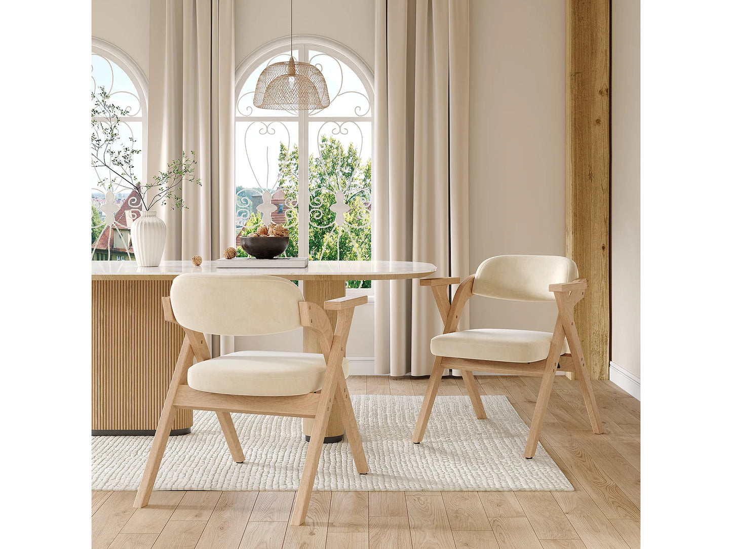 Chaise Japandi Pliante Velours Et Bois Beige - Rangeables