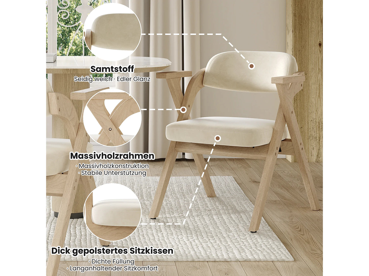 Chaise Japandi Pliante Velours Et Bois Beige - Rangeables