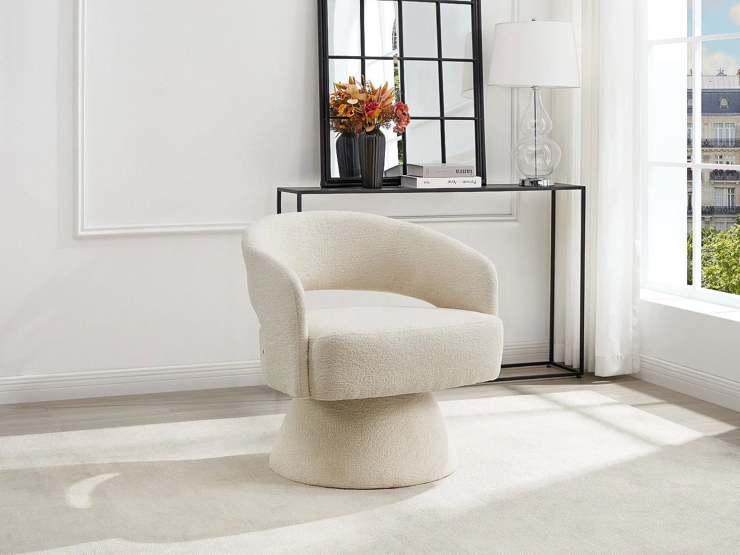 Fauteuil Japandi Pivotant Chenille Beige - Fedote