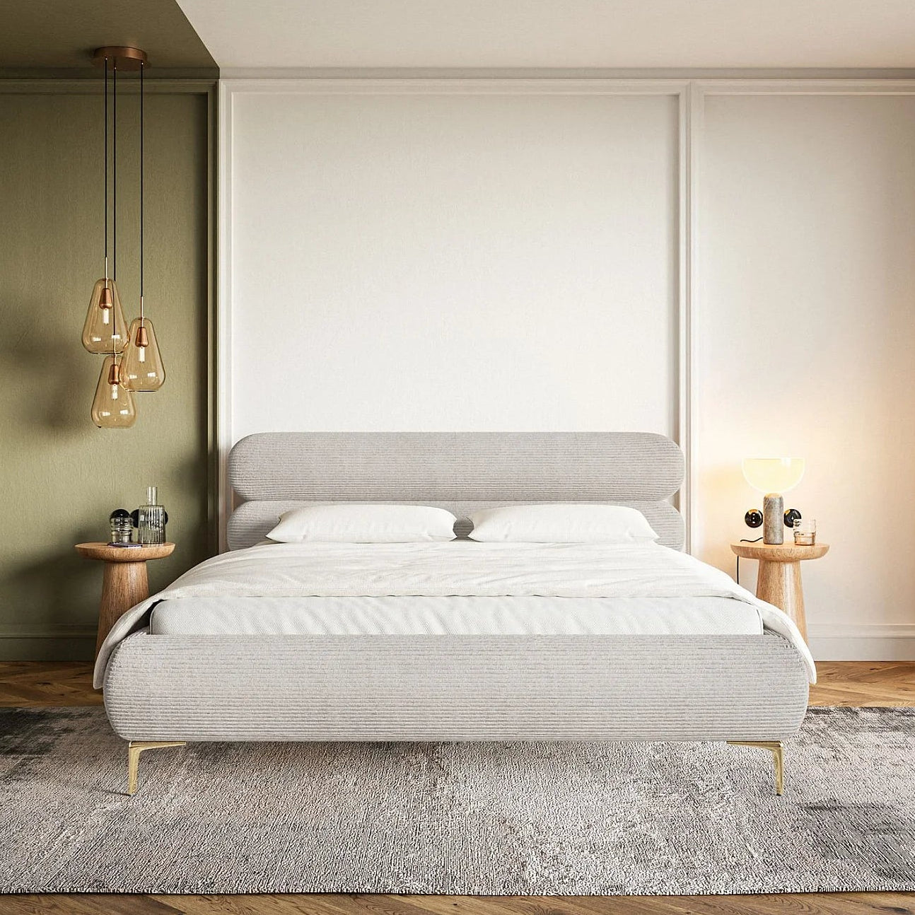 Lit Coffre Japandi 160x200 Velours Côtelé Grège & Pieds Dorés