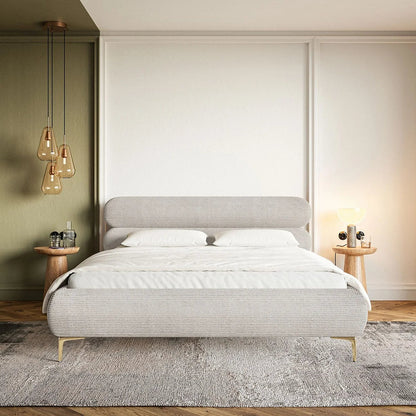 Lit Coffre Japandi 160x200 Velours Côtelé Grège & Pieds Dorés