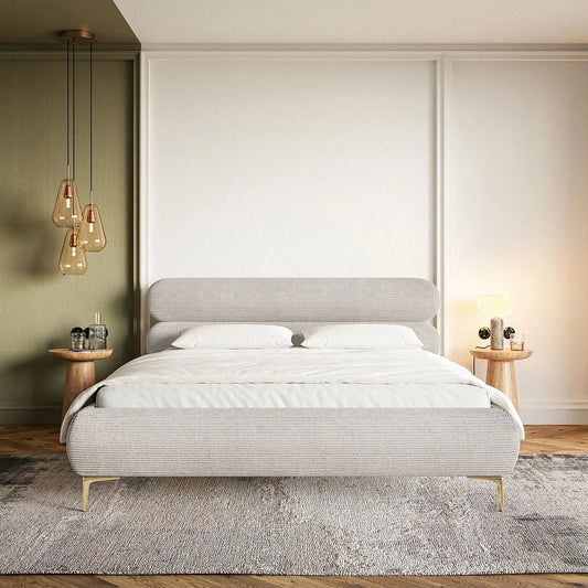 Lit Coffre Japandi 160x200 Velours Côtelé Grège & Pieds Dorés