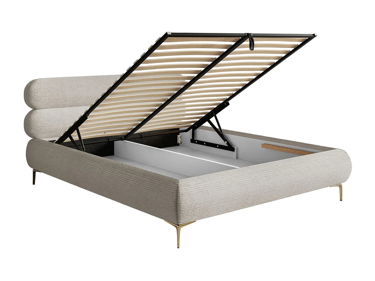 Lit Coffre Japandi 160x200 Velours Côtelé Grège & Pieds Dorés