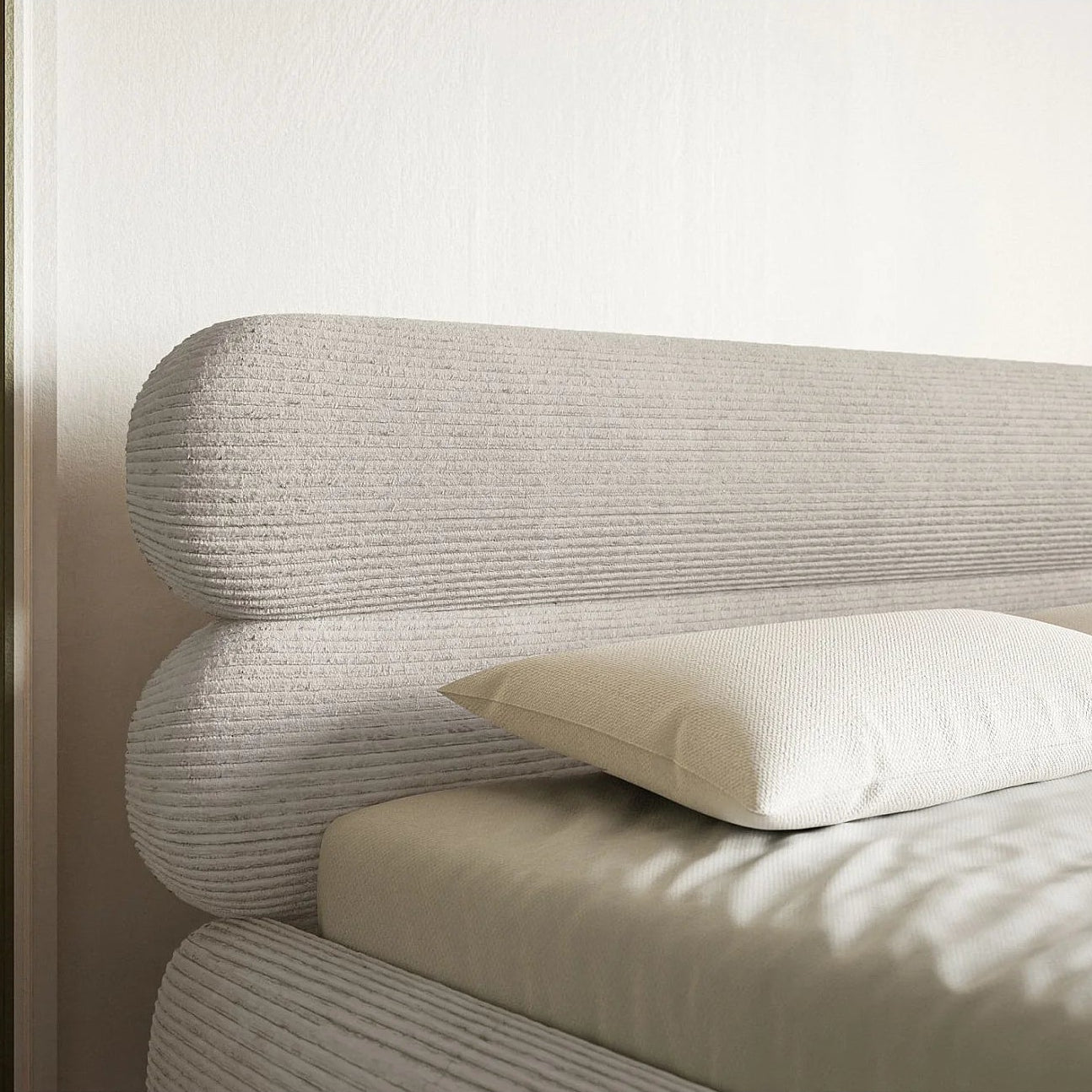 Lit Coffre Japandi 160x200 Velours Côtelé Grège & Pieds Dorés