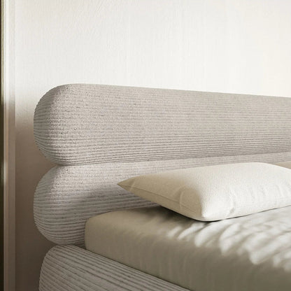 Lit Coffre Japandi 160x200 Velours Côtelé Grège & Pieds Dorés