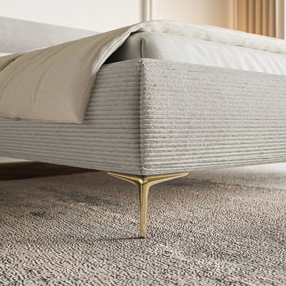 Lit Coffre Japandi 160x200 Velours Côtelé Grège & Pieds Dorés
