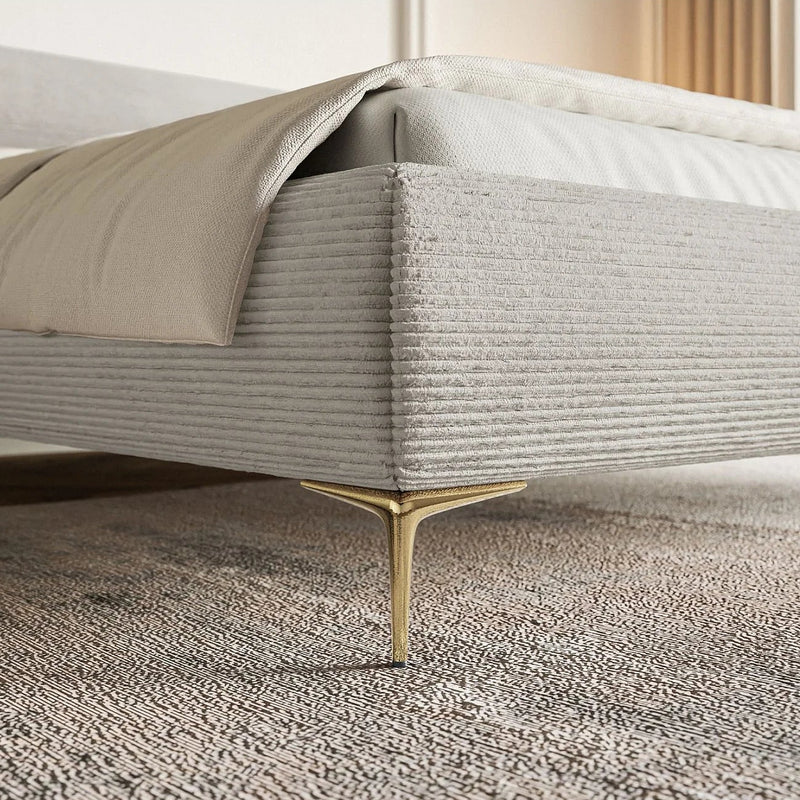 Lit Coffre Japandi 160x200 Velours Côtelé Grège & Pieds Dorés