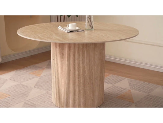 Table Ronde Japandi Effet Travertin Beige - Esme