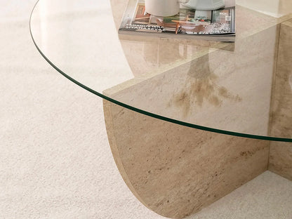 Table Basse Japandi Ronde en Verre et Pieds Effet Travertin - Aysun