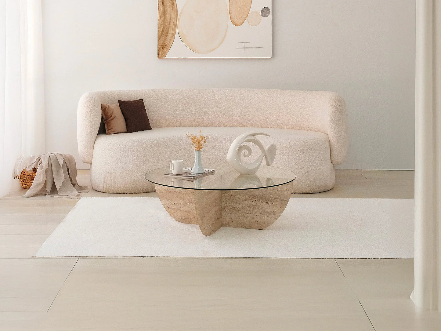 Table Basse Japandi Ronde en Verre et Pieds Effet Travertin - Aysun