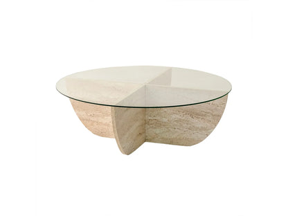 Table Basse Japandi Ronde en Verre et Pieds Effet Travertin - Aysun