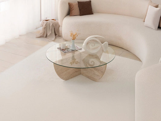 Table Basse Japandi Ronde en Verre et Pieds Effet Travertin - Aysun