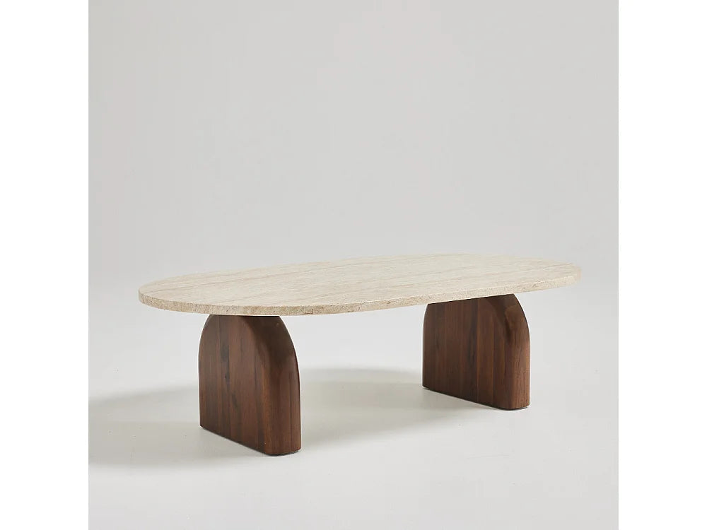 Table Basse Japandi Ovale Travertin et Bois 100x60 - Lipali