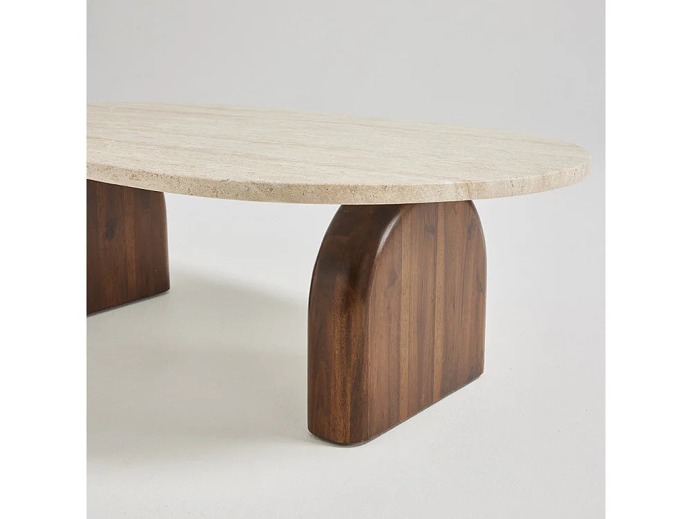 Table Basse Japandi Ovale Travertin et Bois 100x60 - Lipali