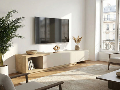 Meuble TV Japandi Beige et Bois (3 Tiroirs Et 1 Niche) - Dukian