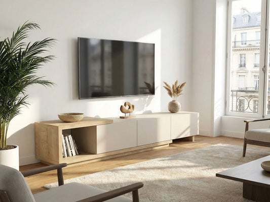 Meuble TV Japandi Beige et Bois (3 Tiroirs Et 1 Niche) - Dukian
