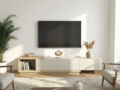 Meuble TV Japandi Beige et Bois (3 Tiroirs Et 1 Niche) - Dukian