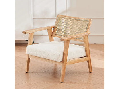 Fauteuil Japandi Bouclette Écru Et Cannage - Tim