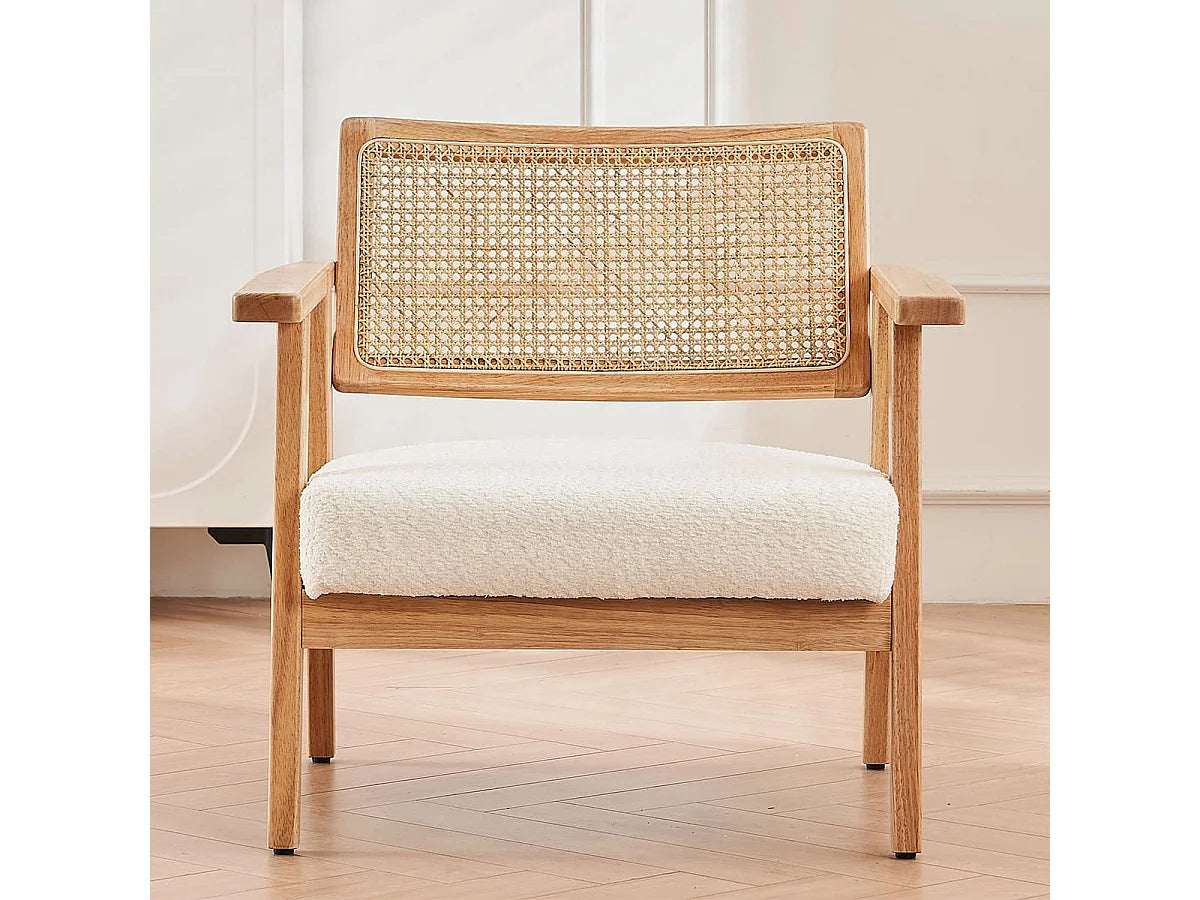 Fauteuil Japandi Bouclette Écru Et Cannage - Tim