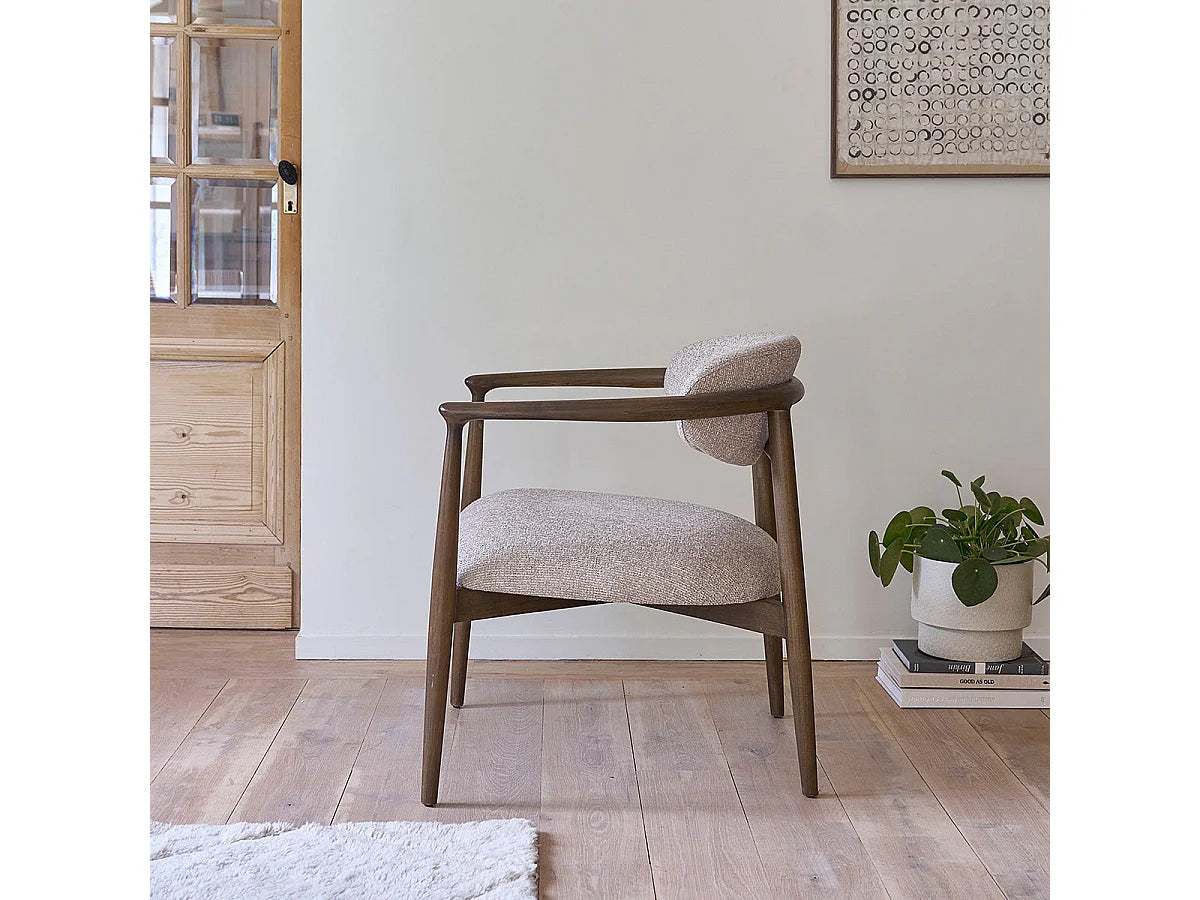 Fauteuil Japandi Bois Massif Et Tissu Beige