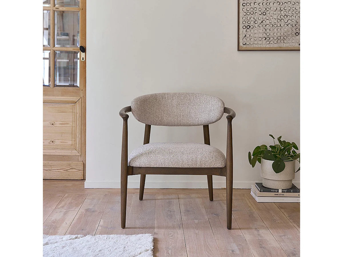 Fauteuil Japandi Bois Massif Et Tissu Beige
