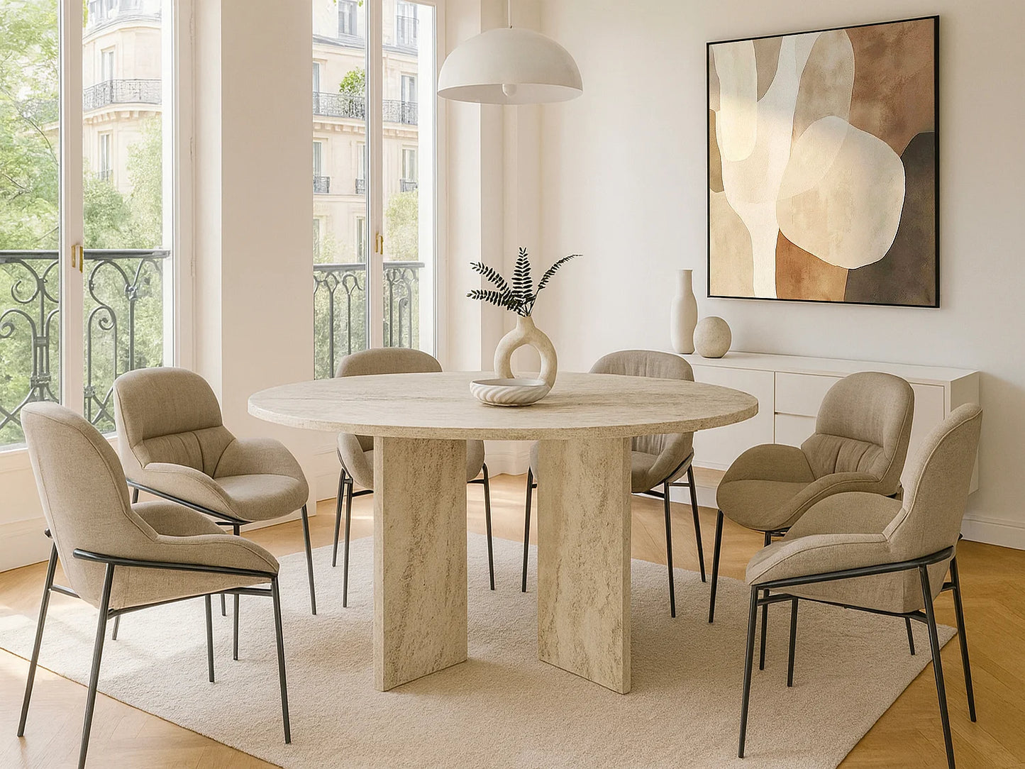 Table Ronde Japandi Six Personnes Travertin - Topania