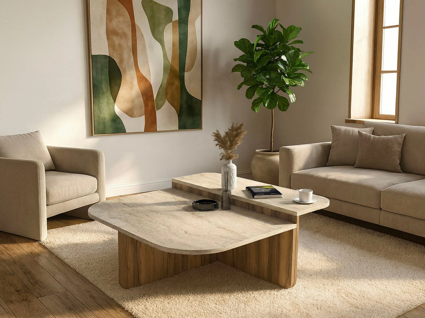 Table Basse Japandi Asymétrique Bois Clair et Travertin - Maralia