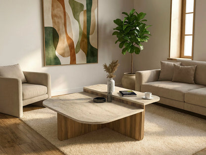 Table Basse Japandi Asymétrique Bois Clair et Travertin - Maralia