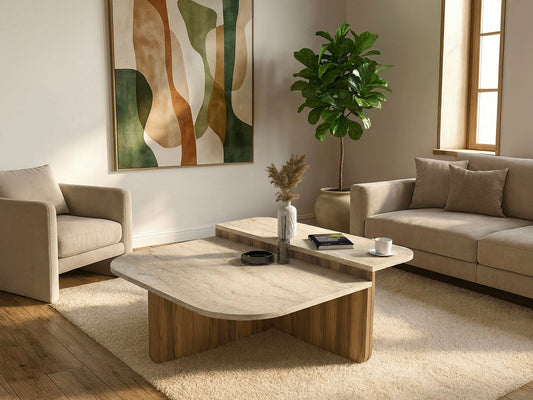 Table Basse Japandi Asymétrique Bois Clair et Travertin - Maralia