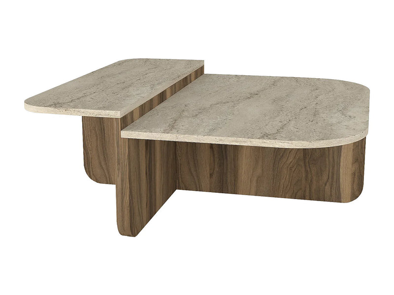 Table Basse Japandi Asymétrique Bois Clair et Travertin - Maralia