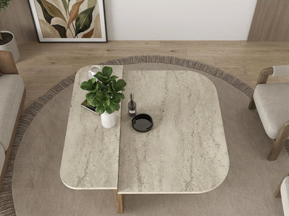 Table Basse Japandi Asymétrique Bois Clair et Travertin - Maralia