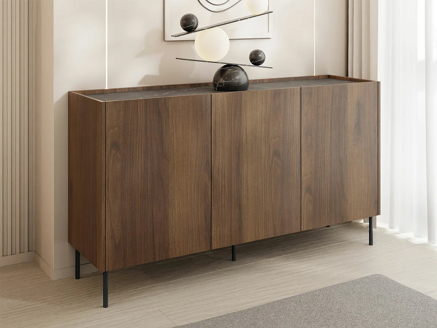 Buffet Marbre Japandi Noir Et Noyer - Belviro