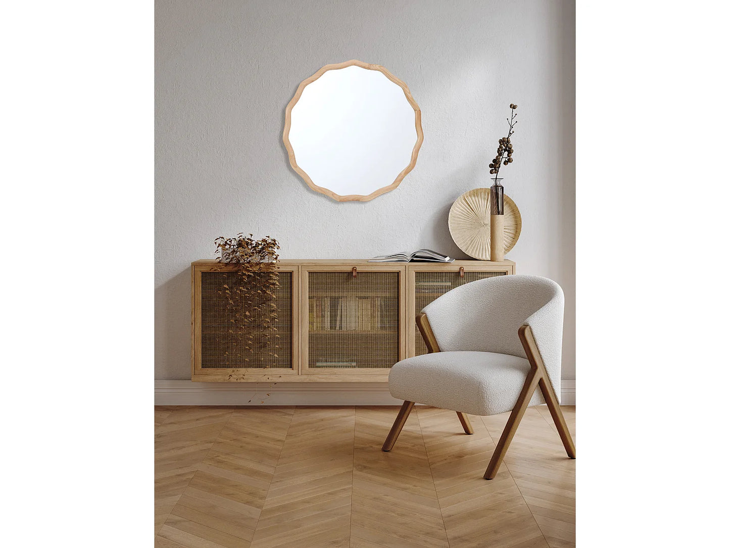 Miroir Rond Japandi Bois Clair Ondulé - Ondulé