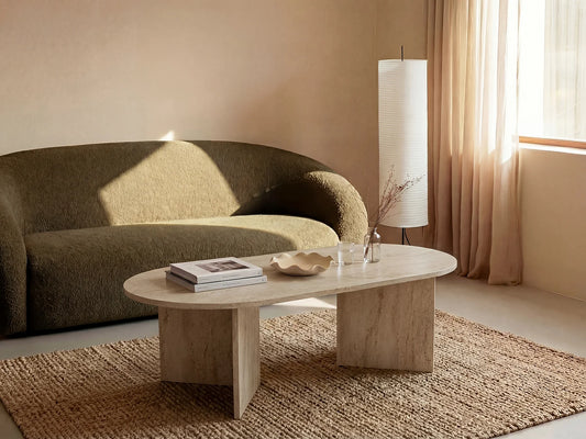 Table Basse Japandi Ovale Effet Travertin - Topania