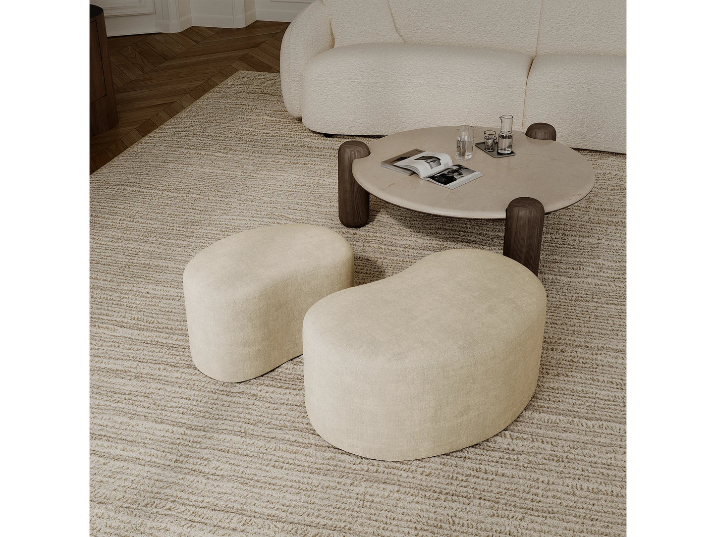 Pouf Velours Japandi Rond Crème - Dune