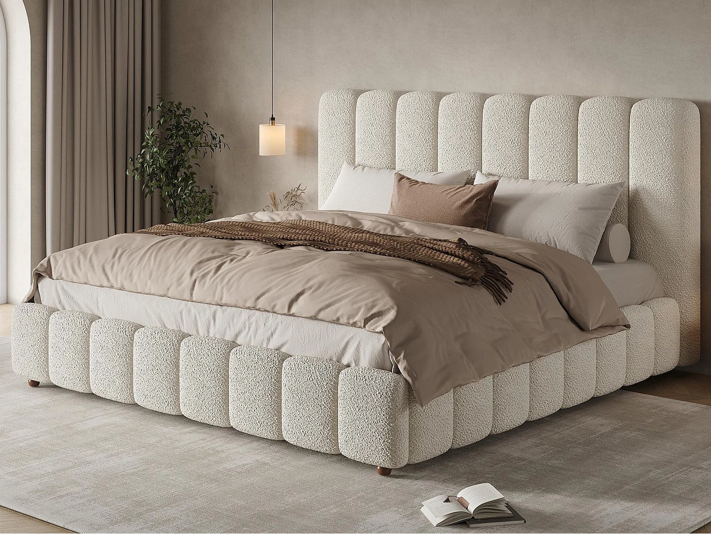 Lit Coffre Japandi Rembourré Bouclette 180x200 - Blanc