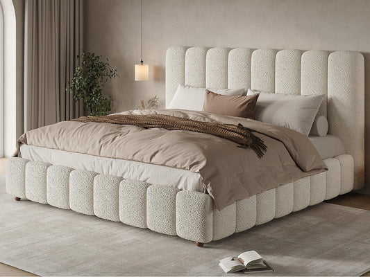 Lit Coffre Japandi Rembourré Bouclette 180x200 - Blanc