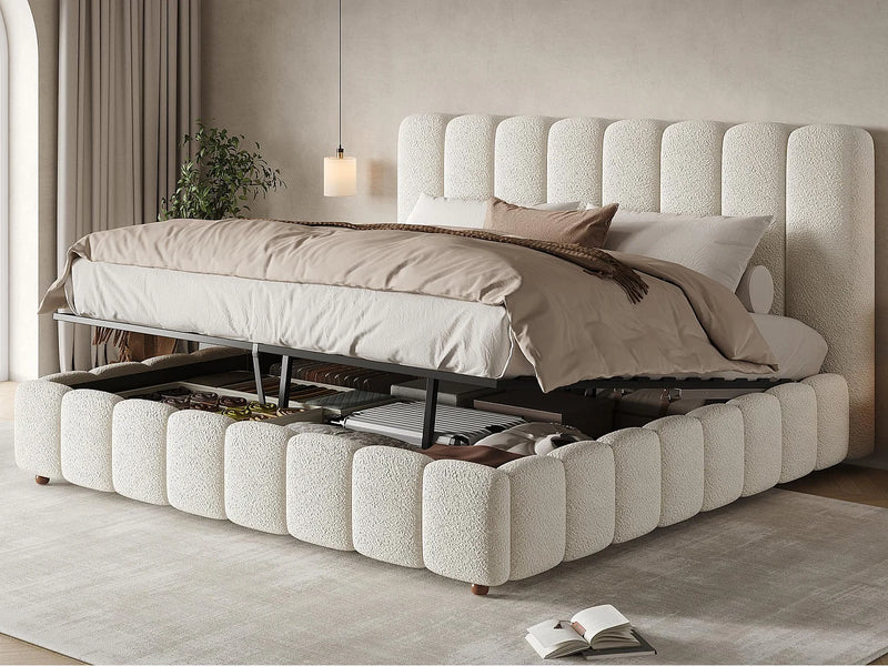 Lit Coffre Japandi Rembourré Bouclette 180x200 - Blanc