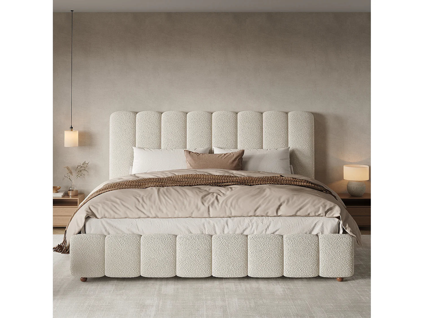 Lit Coffre Japandi Rembourré Bouclette 180x200 - Blanc