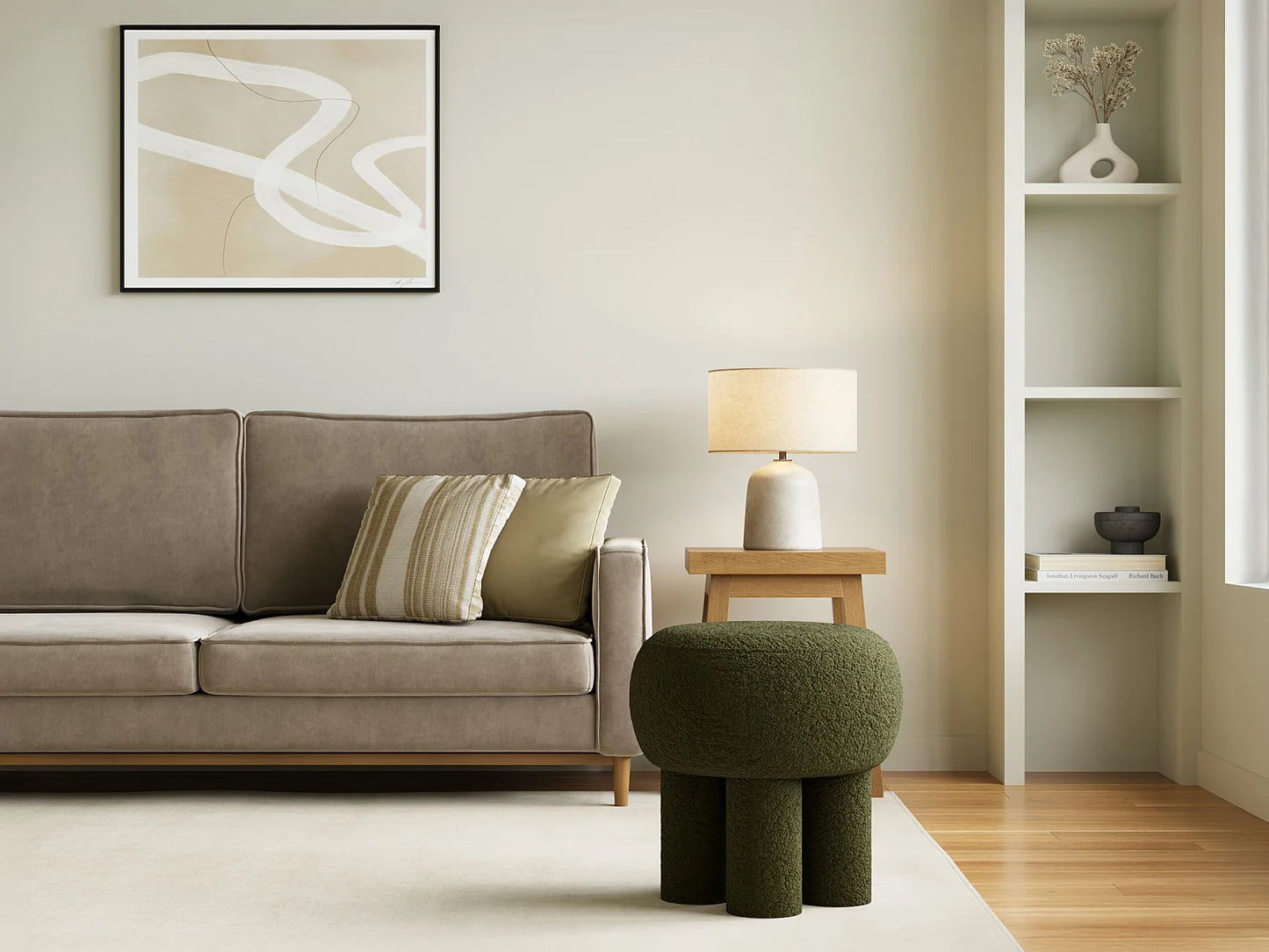 Pouf Rond Japandi Bouclette Kaki - Nolora