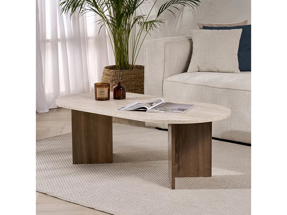 Table Basse Japandi Ovale Bois et Travertin Beige - Sam