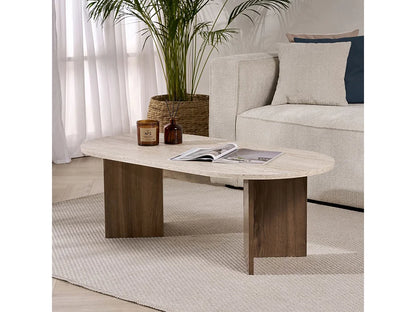 Table Basse Japandi Ovale Bois et Travertin Beige - Sam