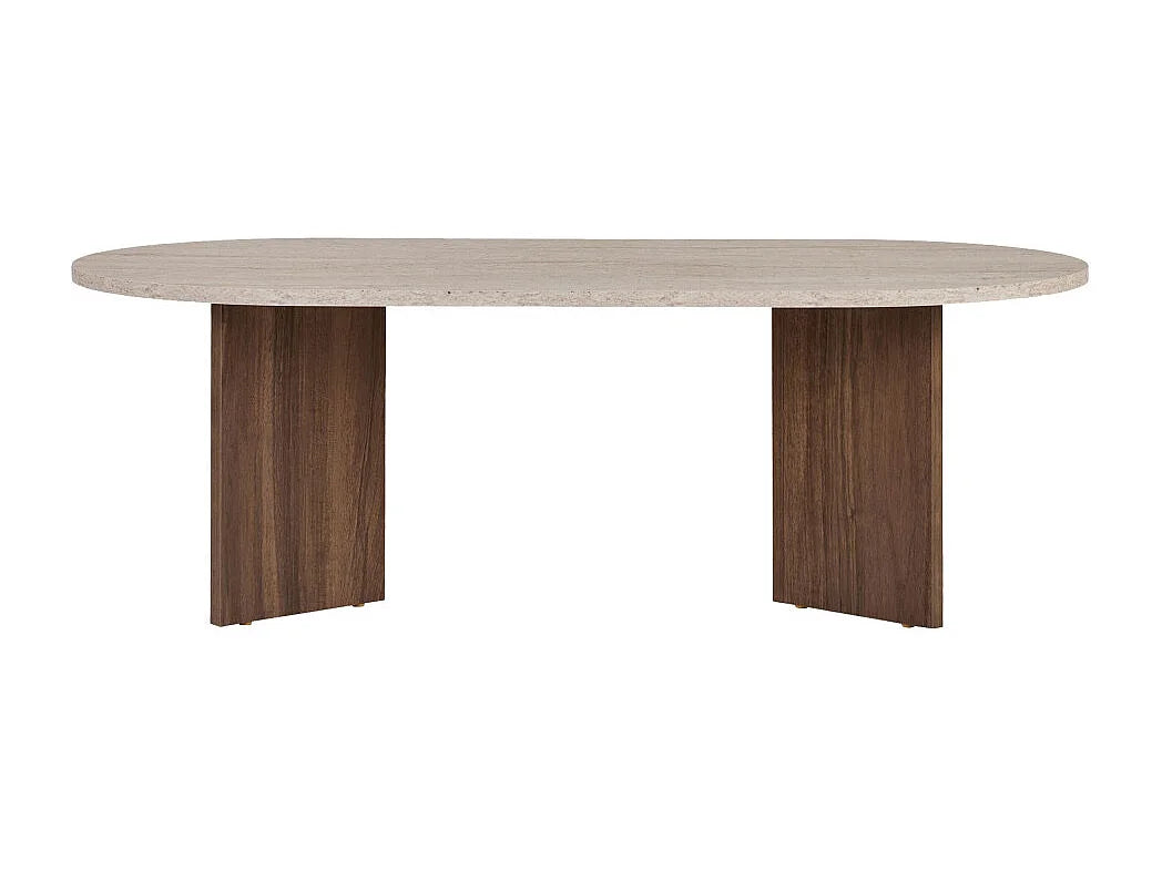 Table Basse Japandi Ovale Bois et Travertin Beige - Sam