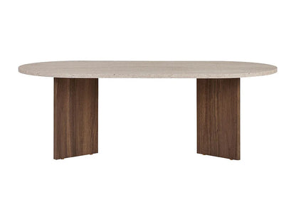 Table Basse Japandi Ovale Bois et Travertin Beige - Sam