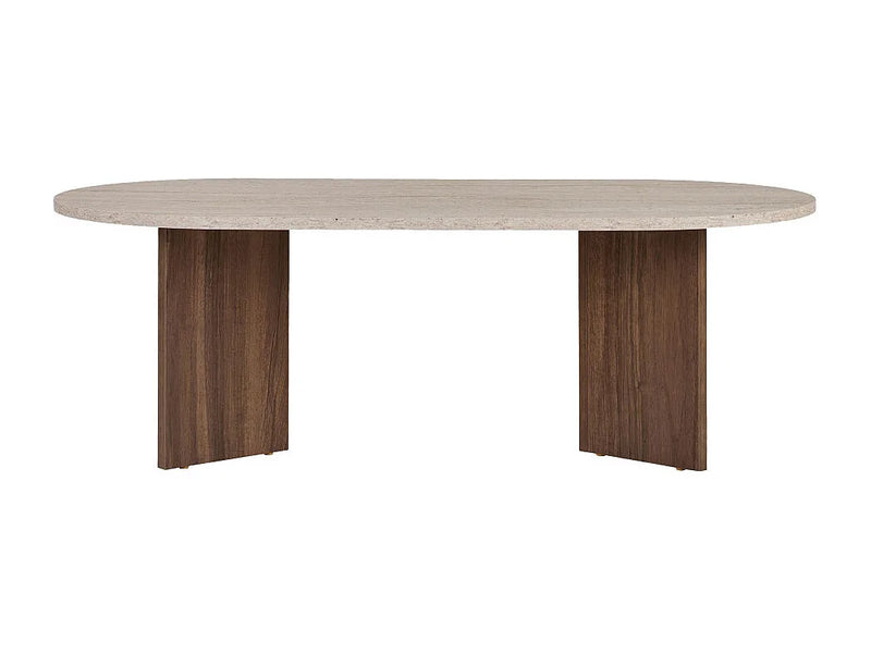 Table Basse Japandi Ovale Bois et Travertin Beige - Sam