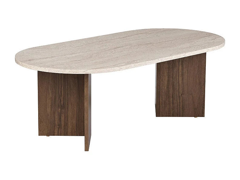 Table Basse Japandi Ovale Bois et Travertin Beige - Sam
