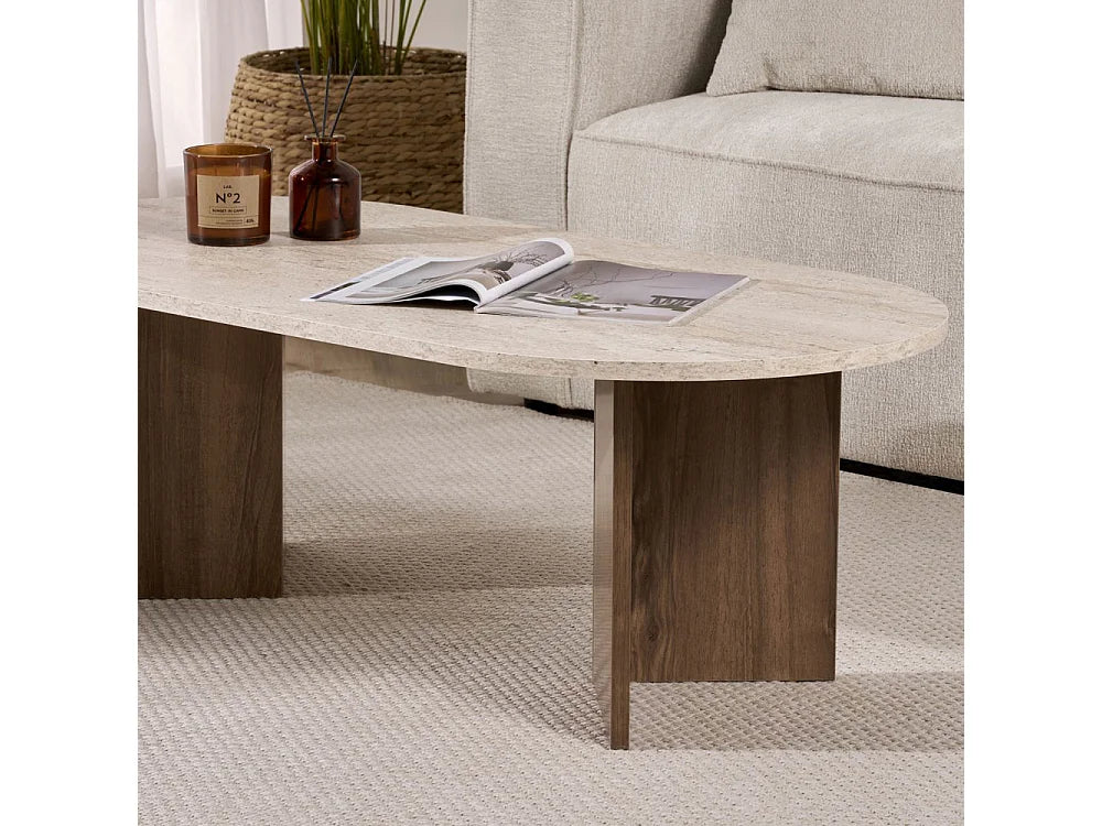 Table Basse Japandi Ovale Bois et Travertin Beige - Sam