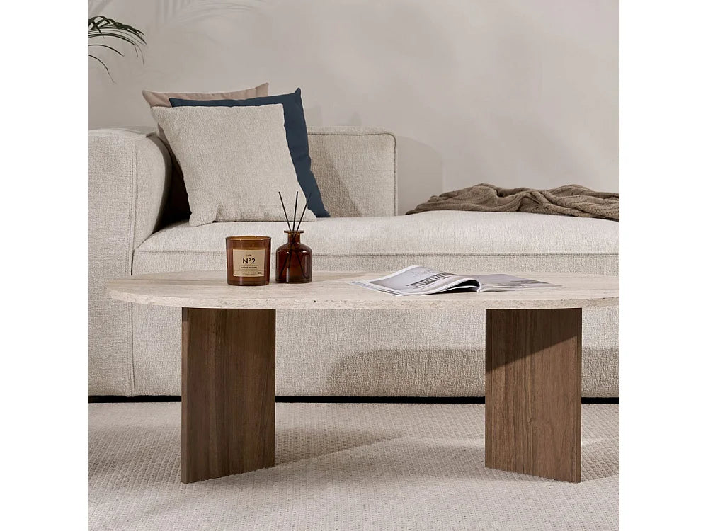 Table Basse Japandi Ovale Bois et Travertin Beige - Sam